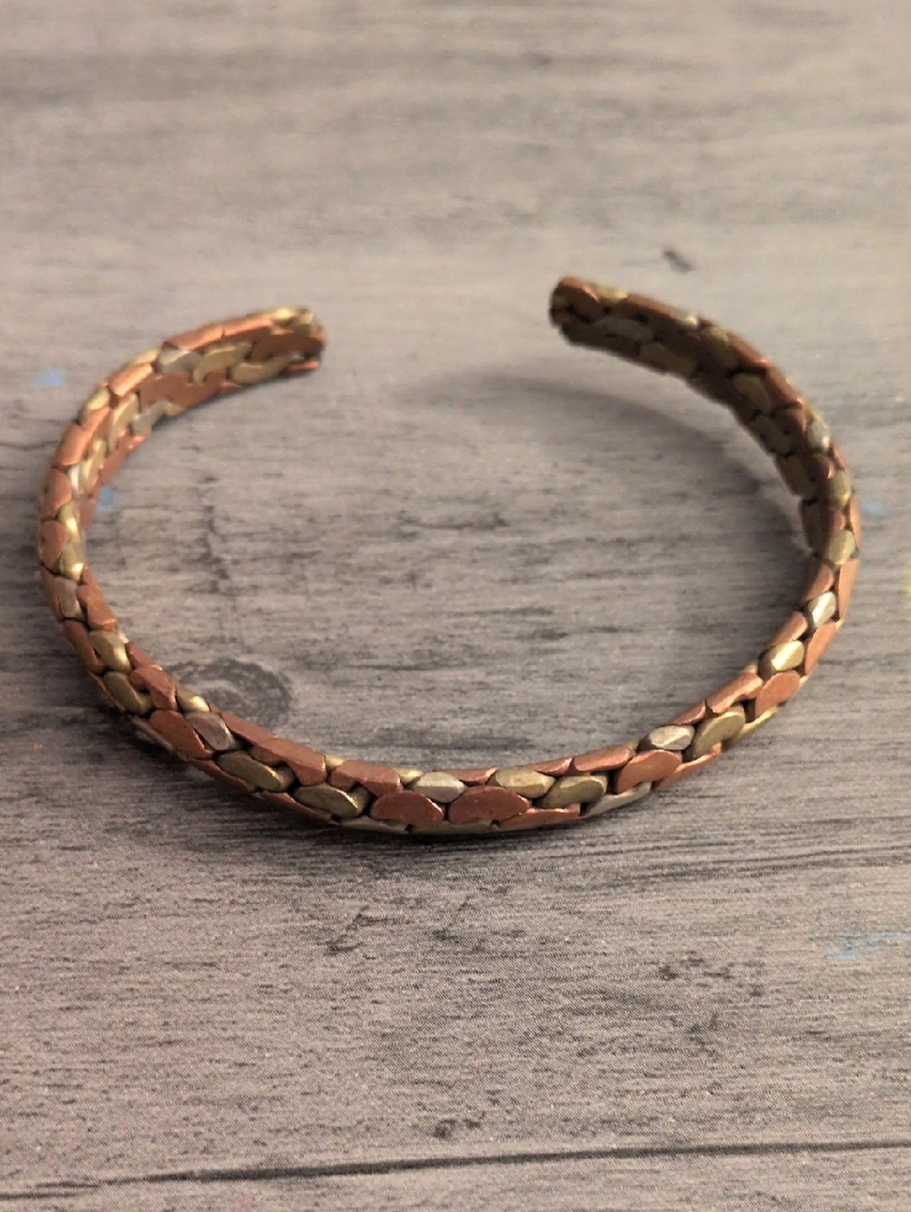 Braided Tri Tone Copper Silver Gold Cuff Bracelet